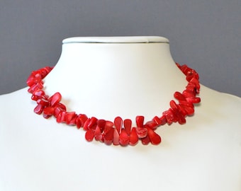 Natural Red Coral Sponge Sterling Necklace, Genuine Coral Vintage Jewelry Gift for Her