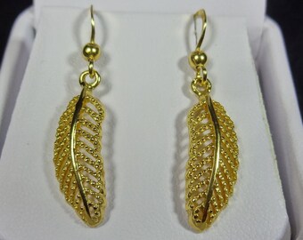 Feather Earrings, Gold Vermeil Over Sterling Silver Dangle Drop Earrings, Vintage Jewelry Gift for Her