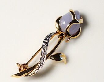 Rose Pin Brooch, 10k Solid Gold Brooch, Lavender Jade & Diamond Floral Brooch, Vintage Jewelry Gift for Her