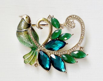 Bird Pin Brooch with Blue and Green Crystals by Napier, Vintage Jewelry Gift for Her