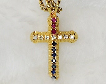 14k Solid Gold Statement Pendant Necklace, Yellow Gold Diamond, Sapphire and Ruby Cross. Vintage Jewelry Gift for Her