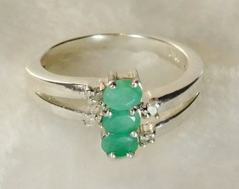 Emerald and Diamonds Cocktail Ring, Sterling Silver Statement Ring, Vintage Jewelry Gift for Her