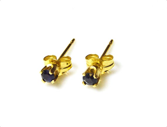 14k Solid Gold Stud Earrings With Tiny Sapphire, … - image 1