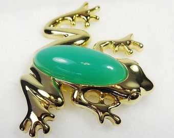 GIVENCHY Frog Pin Brooch, Gold Plated Brooch Turquoise Crystal, Vintage Jewelry Gift for Her, Statement Brooch