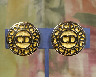 CHRISTIAN DIOR Earrings, Gold Plated Earrings with Dior Logo Button Earrings, Vintage Jewelry Gift for Her