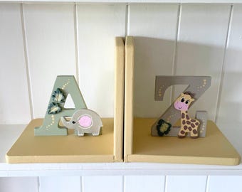 Serre-livres Safari animaux de la jungle pour décoration de chambre d'enfant, lettres A Z, baby shower jungle - Cadeau de baptême
