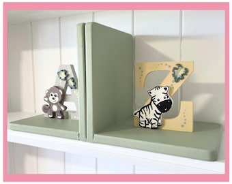 Serre-livres animaux de la jungle : décoration de chambre d'enfant peinte à la main, vert sauge