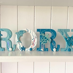 Underwater Sea Themed Wooden Letters with Clay Sea Creatures for Baby Nursery Decor, Baby Shower/Christening Gift