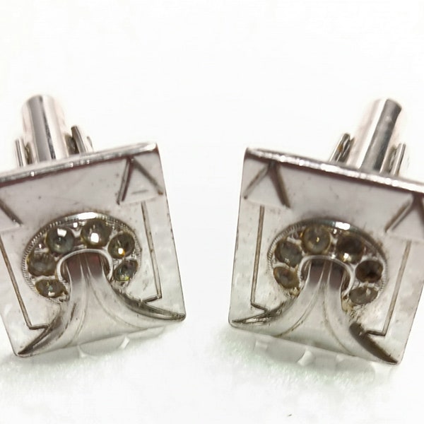 1930's Unmarked Art Deco Silver Tone Cufflinks With Rhinestone Accents, In Super Cool Geometric Design.  Two Stones Missing, Still Amazing!
