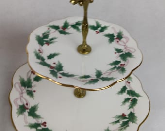 Mikasa Ribbon Holly 2 Tier Tidbit Plate, In Vintage Excellent Conition.  Box Is In Fair Condition.  Gorgeous And Unique From Mikasa!