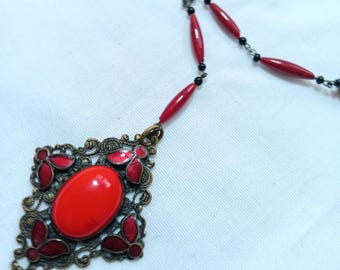 Circa 1930s Unmarked Czech Lipstick Red Glass And Brass Pendant Necklace, In Vintage Good Condition. Showstopper Of A Necklace.  Beautiful!