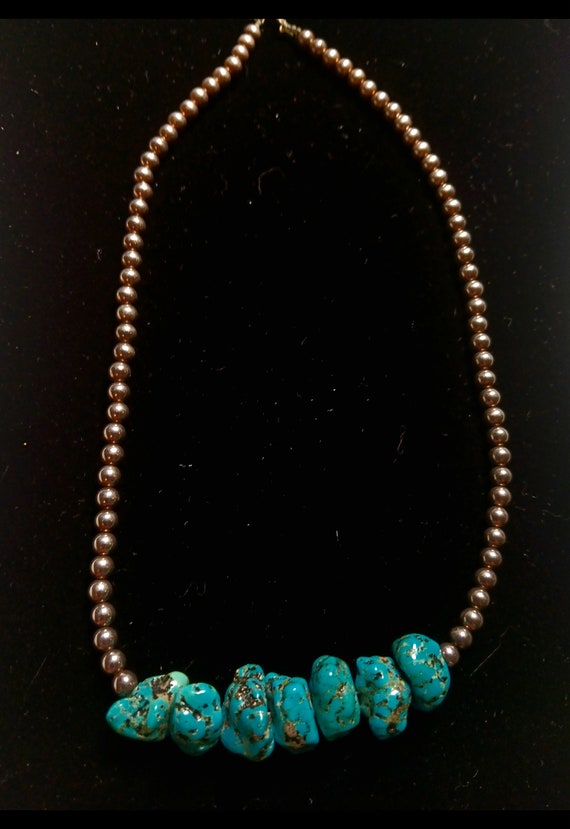1980's Silver and Chip Turquoise Necklace, In Vint