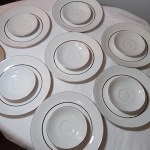 Lot of 7 Salem International Ironstone Plates and 7 Saucers, In Vintage Good Condition.   Great Placeholders or Starter Plates! Solid Build!