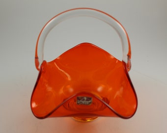 Epic Viking Handmade Mid Century Persimmon glass basket with handle.  Rare single crimp!  Visible Tag Vtg Very Good Condition! Was 50 Now 45