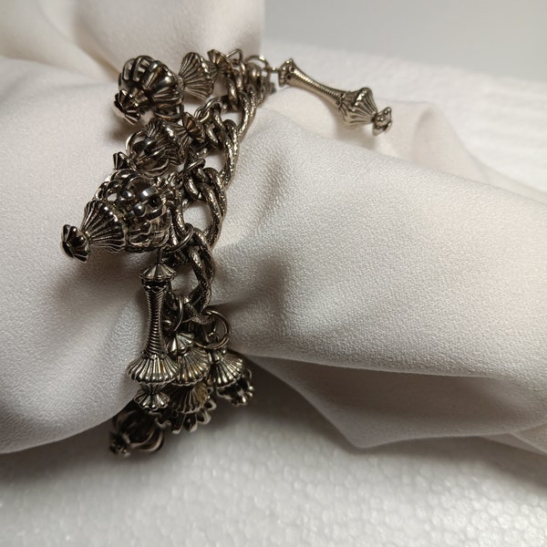 Etruscan Revival Style Silver Tone Charm Bracelet With Bottles, Lamps, & Lanterns, In Vintage Very Good Condition. Chock Full Of Charms!