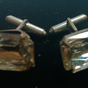 1950&#39;s Men&#39;s Rectangular Clear Glass Crystal Cufflinks, Vintage Fair/Good Condition.  One Link Needs Attention, TLC. Gorgeous Vintage Style!