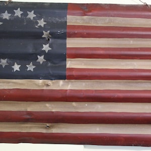 Vintage 1970&#39;s/1980&#39;s Betsy Ross 13 Star corrugated metal patriotic flag, unmarked from the Texas craft circuit.  Price cut - Was 85 now 75!
