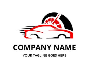 Op de afbeelding: Een rood en zwart logo-ontwerp met een gestileerde auto met een snelheidsmeternaald die naar de maximale snelheid wijst. De tekst "COMPANY NAME" en "YOUR TAGLINE GOES HERE" staat onder het logo.