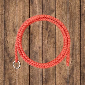 May include: A bright orange braided rope with a silver metal ring at one end. The rope is coiled into a circle and is lying on a wooden surface.