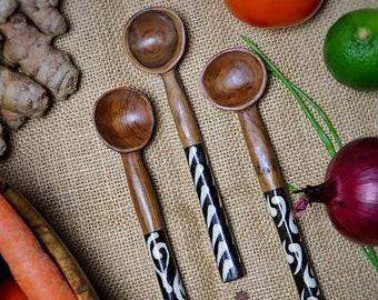 Olive Wood Spoon/ Wood & Batik Inlay Bone Kitchen Utensil/ Wooden Cutlery/ African Cutlery/ Wooden Kitchen Utensil/ Wooden Coffee, Tea Spoon