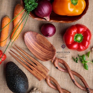 Set of African Wooden Cutlery/ Salad Serving Utensils/ Hand carved Wooden Spoon Fork/ Salad Servers/ Made in African/ Kitchen utensil/ Decor