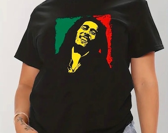 Jamaica Reggae Bob Marley T-Shirt, Summer Short Sleeve Casual Top, Women's Clothing, Africa Unite T-Shirt - Casual Short Sleeve T-Shirt
