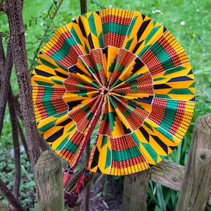 Handmade Kente African Print Fan: Leather Handle, Summer Accessory