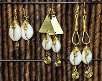 African Brass Earrings/Kenyan Brass Earrings/ African Cowrie Bone Earrings/ African Jewellery/African Ethnic Jewellery for Women