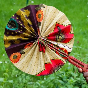 Handmade African Print Fan: Leather Handle, Kente Fabric