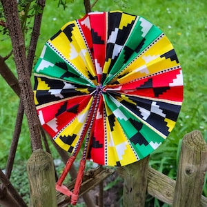 Handmade African Print Fan: Kente Cotton Fabric, Leather Handle
