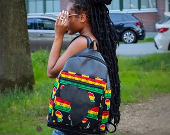 Large Backpack/ African Print Faux Leather Bag/ African Continent Backpack/ Kente Bag/ Travelling Bag/ African Bag/ Ankara Cotton Backpack