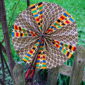 Handmade African Print Fan: Leather Handle, Foldable Kente Decor