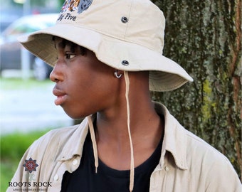 Kapelusz przeciwsłoneczny z szerokim rondem, unisex, bawełniany: wzór „Wielka Piątka” w stylu afrykańskim