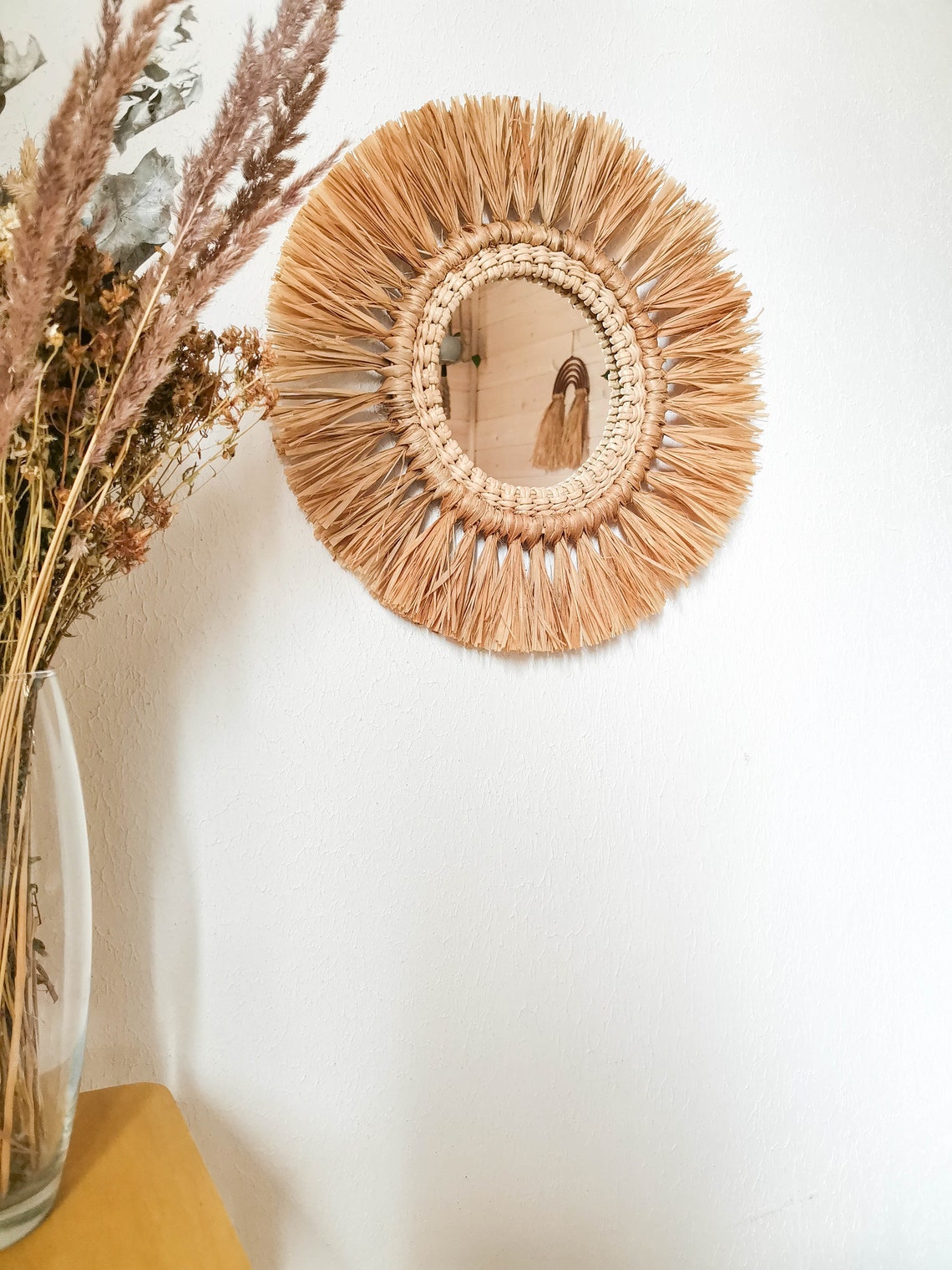 Small circle wicker mirror for bedroom wall decor over the bed Etsy