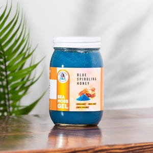 Blue Spirulina Honey Sea Moss Gel, Herb Infused Sea Moss, Natural Organic Wildcrafted Raw Seamoss Gel for Immune Support