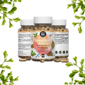 May include: Three bottles of Ashwagandha capsules, a natural supplement for healthy stress response. The bottles are white with a colorful label featuring the product name and a list of ingredients. The bottles are arranged in a row on a white background.