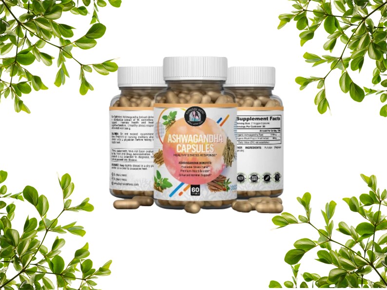 May include: Three bottles of Ashwagandha capsules, a natural supplement for healthy stress response. The bottles are white with a colorful label featuring the product name and a list of ingredients. The bottles are arranged in a row on a white background.