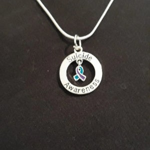 Suicide Awareness Suicide Prevention Floating Ribbon Charm Necklace Pendant Jewelry Suicide Prevention Teal Purple