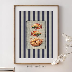 May include: Framed artwork featuring two orange and yellow fish above a basket of bread rolls. The central image is set against a textured background, framed by a blue and white striped pattern. The text "ScriptureLines" is at the bottom.
