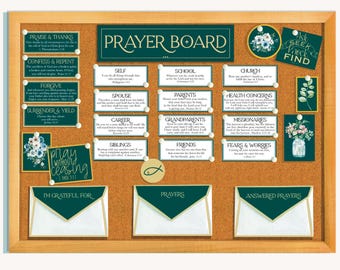 May include: A green and gold prayer board with a cork background. The board has a variety of categories for prayer, including self, spouse, school, parents, grandparents, siblings, friends, health concerns, missionaries, fears and worries, and answered prayers. The board also has a section for writing down prayers and answered prayers.