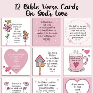 Kaarten met bijbelteksten! Gods liefde geheugenverzen, schrift afdrukbaar met harten, vogels en bloemen, toevoegen aan lunchbox of cadeau, digitale download