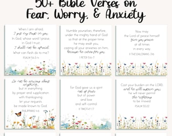May include: A set of nine colorful cards with Bible verses about fear, worry, and anxiety. Each card features a watercolor background with flowers and a butterfly. The verses are printed in black text with a white outline.