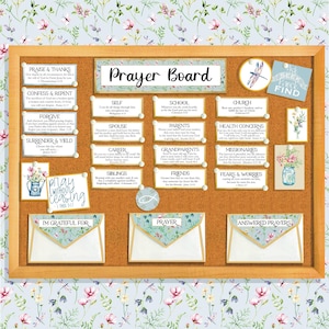 May include: A corkboard with a light brown background and a wooden frame. The corkboard is decorated with various colourful cards with text and images. The cards are labelled with topics such as "Praise & Thanks", "Confess & Repent", "Forgive", "Surrender & Yield", "Self", "School", "Church", "Spouse", "Parents", "Health Concerns", "Career", "Grandparents", "Missionaries", "Siblings", "Friends", "Fears & Worries", "I'm Grateful For", "Prayer", and "Answered Prayers". The corkboard also features a small dragonfly pin and a small jar with flowers.