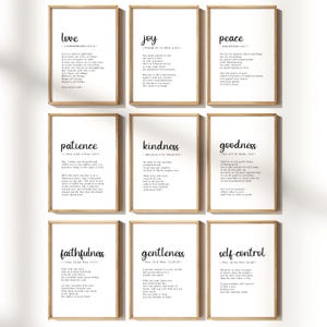 SET van 9 vrucht van de geest Bijbeldefinitie kunst aan de muur, schriftkunst aan de muur, bijbelvers muurafdruk, christelijke afdrukbare, ESV-bijbelverzen