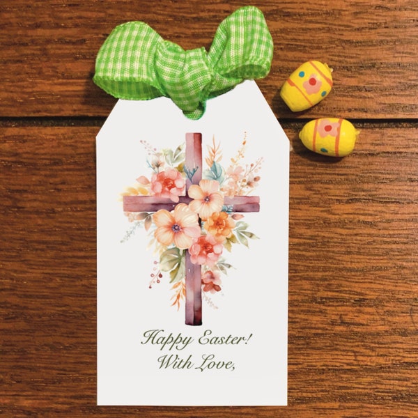 Happy Easter Tag, Floral Cross Printable Christian Tags, Faith Gift Tag for basket, snack bag, cookies, sweets, bread, rolls, etc.