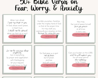 May include: A printable set of 9 cards with Bible verses about fear, worry, and anxiety. Each card has a different verse with a pink background and green leaves in the corner. The text on the cards is in a handwritten font.
