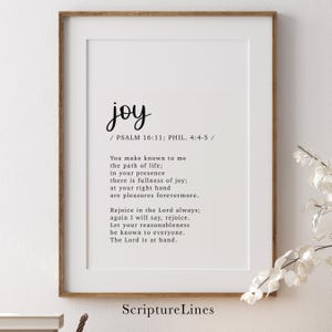Puede incluir: Una impresión enmarcada con fondo blanco y marco de madera. La palabra "joy" está en la parte superior, seguida de un versículo bíblico. El texto "ScriptureLines" está en la parte inferior.
