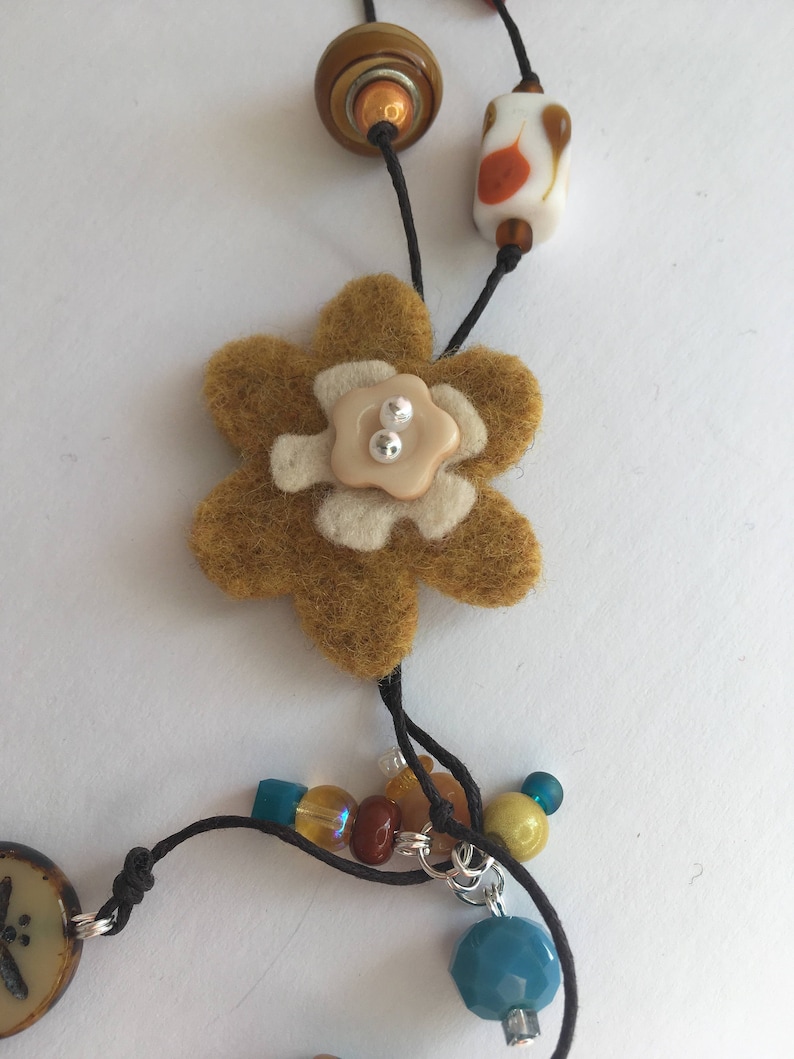 Beaded Necklace with Felt Flower in Mustard and Blue