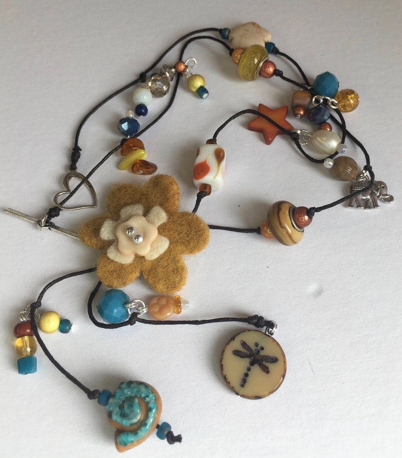 Beaded Necklace with Felt Flower in Mustard and Blue