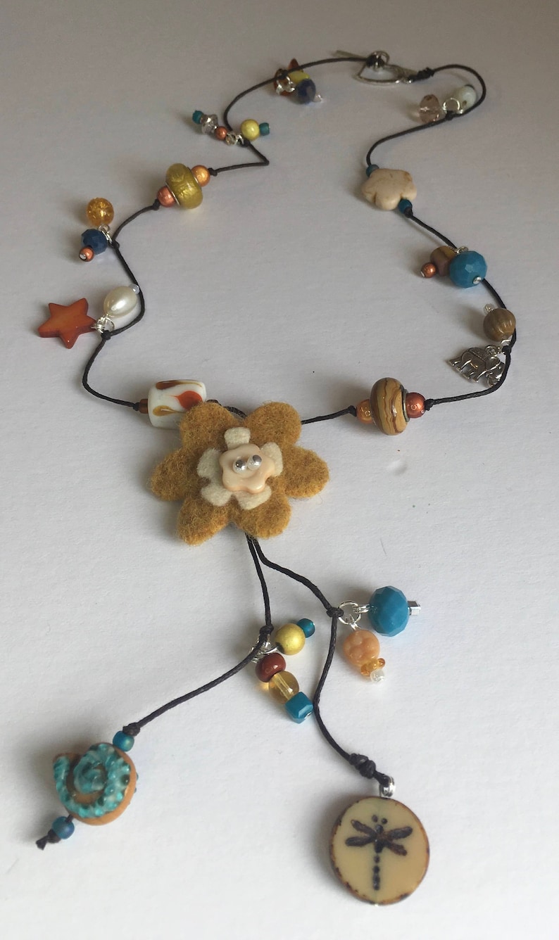 Beaded Necklace with Felt Flower in Mustard and Blue
